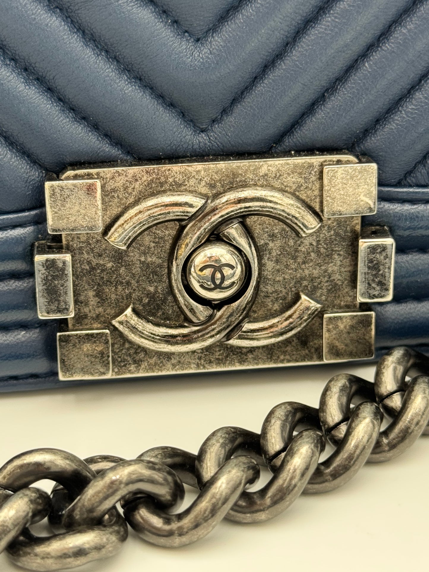 Chanel Old Medium Boy Flap Bag - Navy Blue Chevron Quilted Leather with Ruthenium Hardware