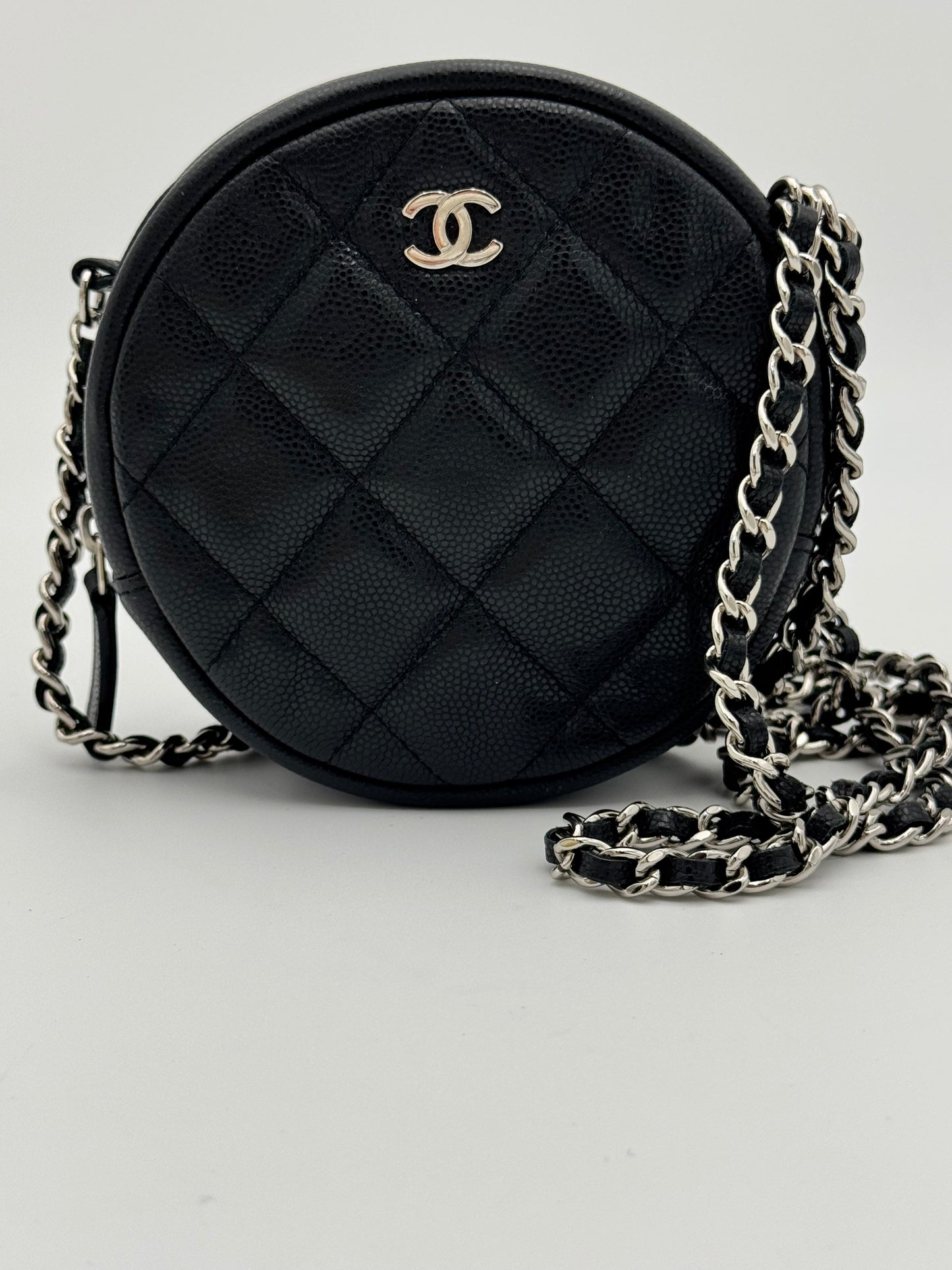 Chanel Classic Round Clutch with Chain - Black Caviar Leather SHW (26-Series)