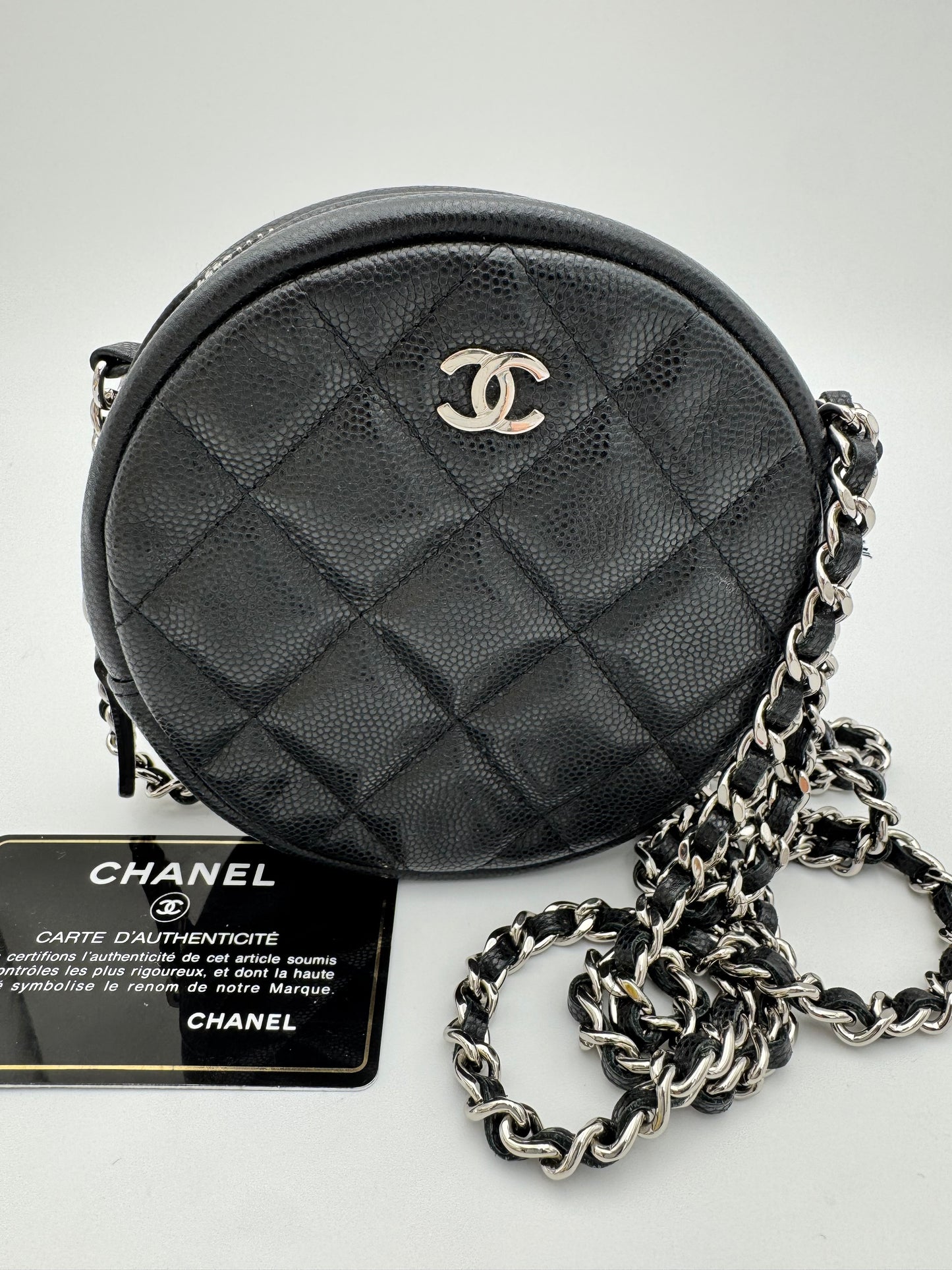 Chanel Classic Round Clutch with Chain - Black Caviar Leather SHW (26-Series)
