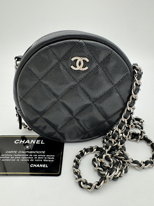 Chanel Classic Round Clutch with Chain - Black Caviar Leather SHW (26-Series)