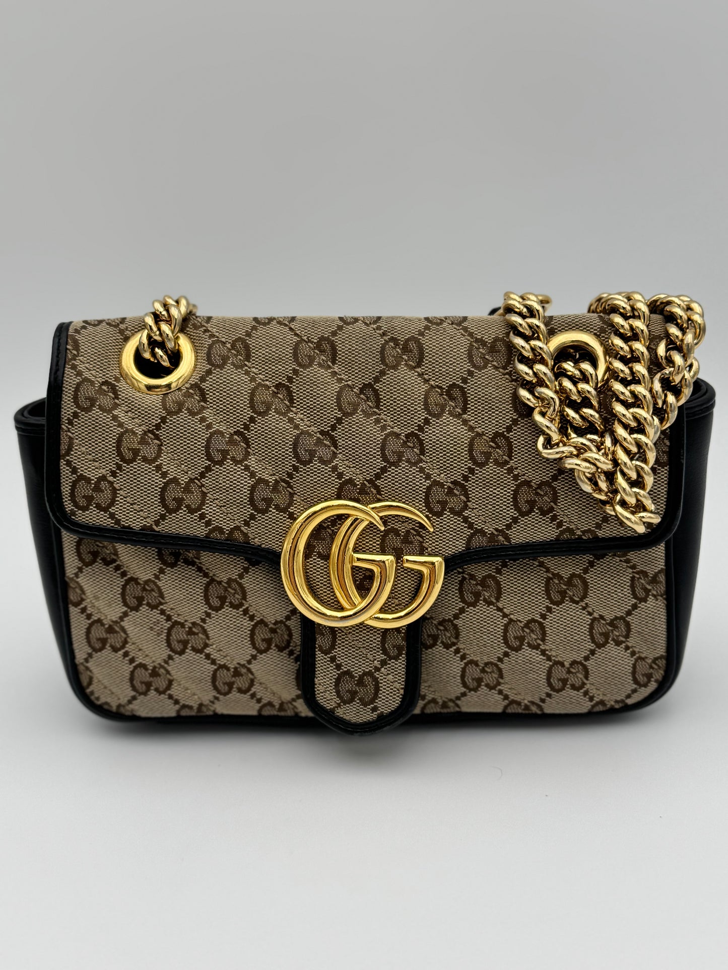 Gucci GG Marmont Mini Shoulder Bag - Diagonal Quilted Canvas & Black Leather (Excellent Condition)