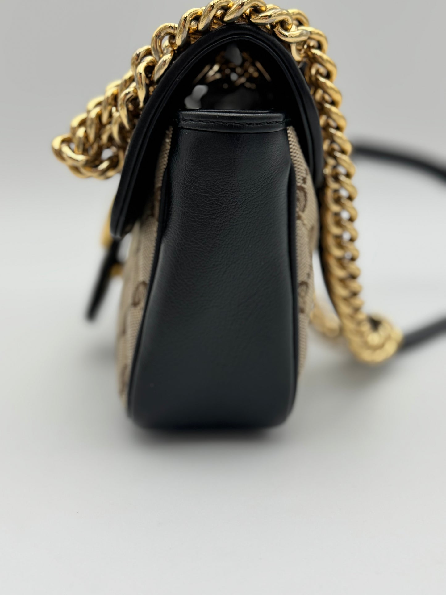 Gucci GG Marmont Mini Shoulder Bag - Diagonal Quilted Canvas & Black Leather (Excellent Condition)