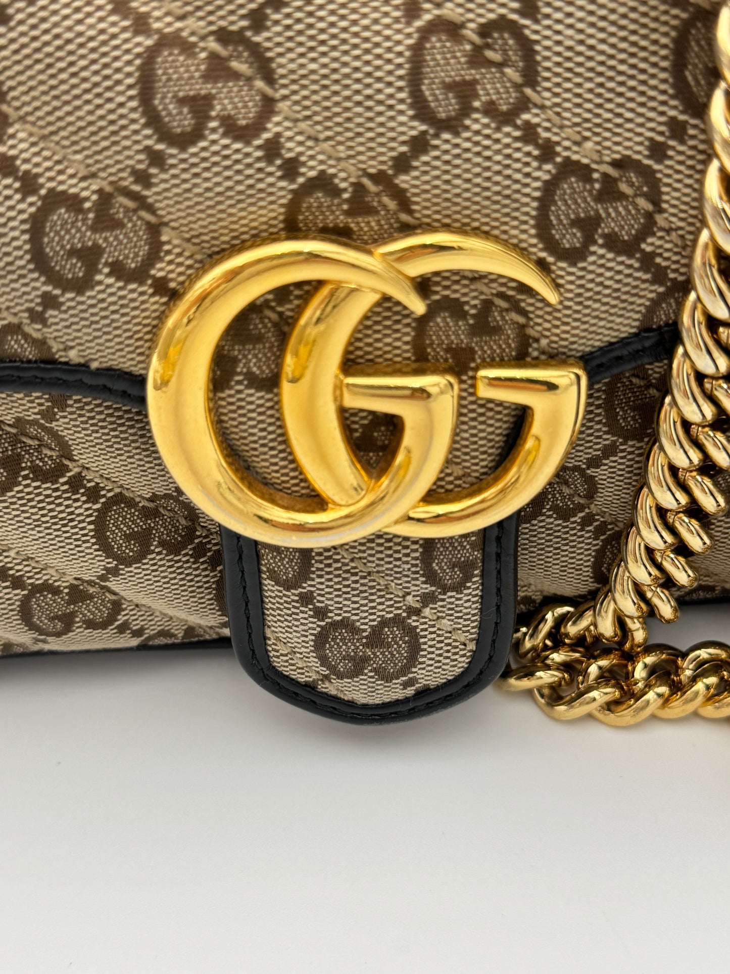 Gucci GG Marmont Mini Shoulder Bag - Diagonal Quilted Canvas & Black Leather (Excellent Condition)