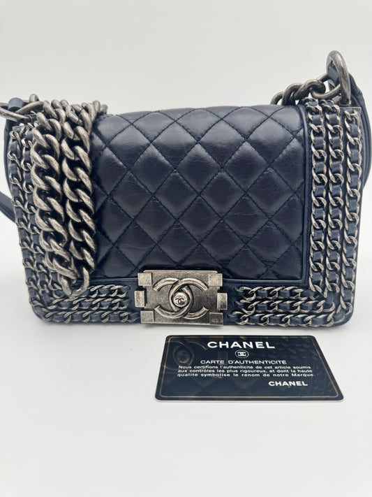 Pristine Chanel 15S Navy Aged Glazed Calfskin Small Chain Around Boy Flap Bag — Ruthenium HW