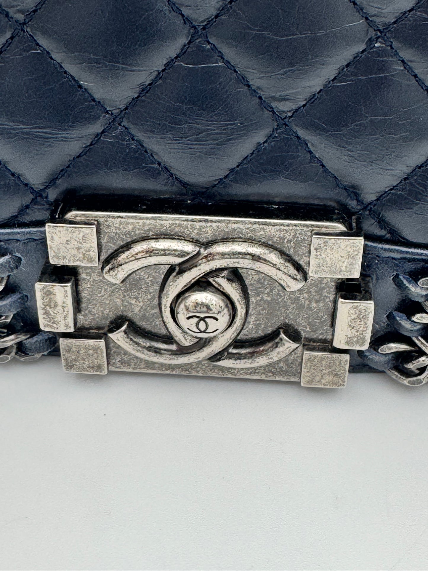 Pristine Chanel 15S Navy Aged Glazed Calfskin Small Chain Around Boy Flap Bag — Ruthenium HW