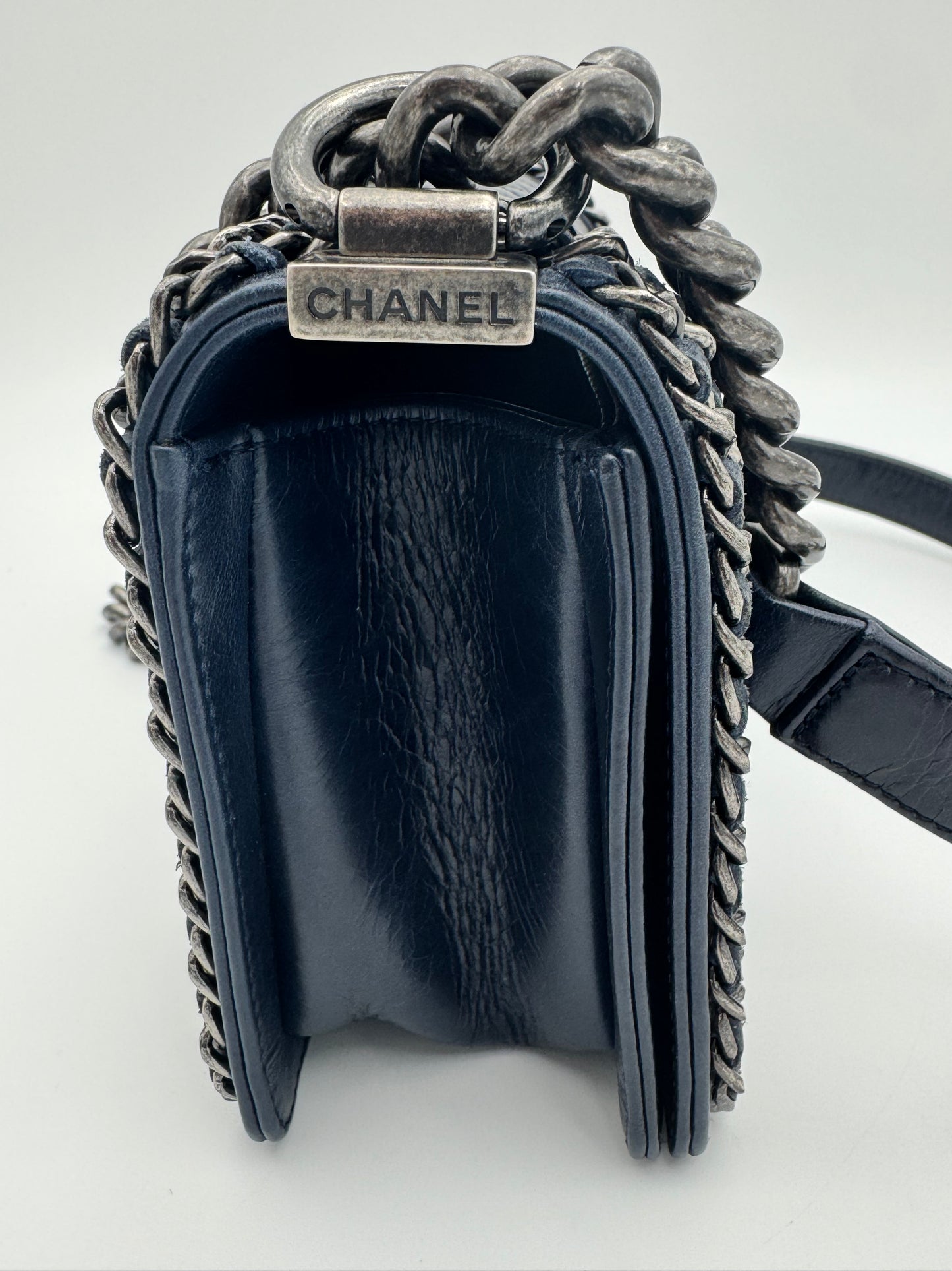 Pristine Chanel 15S Navy Aged Glazed Calfskin Small Chain Around Boy Flap Bag — Ruthenium HW