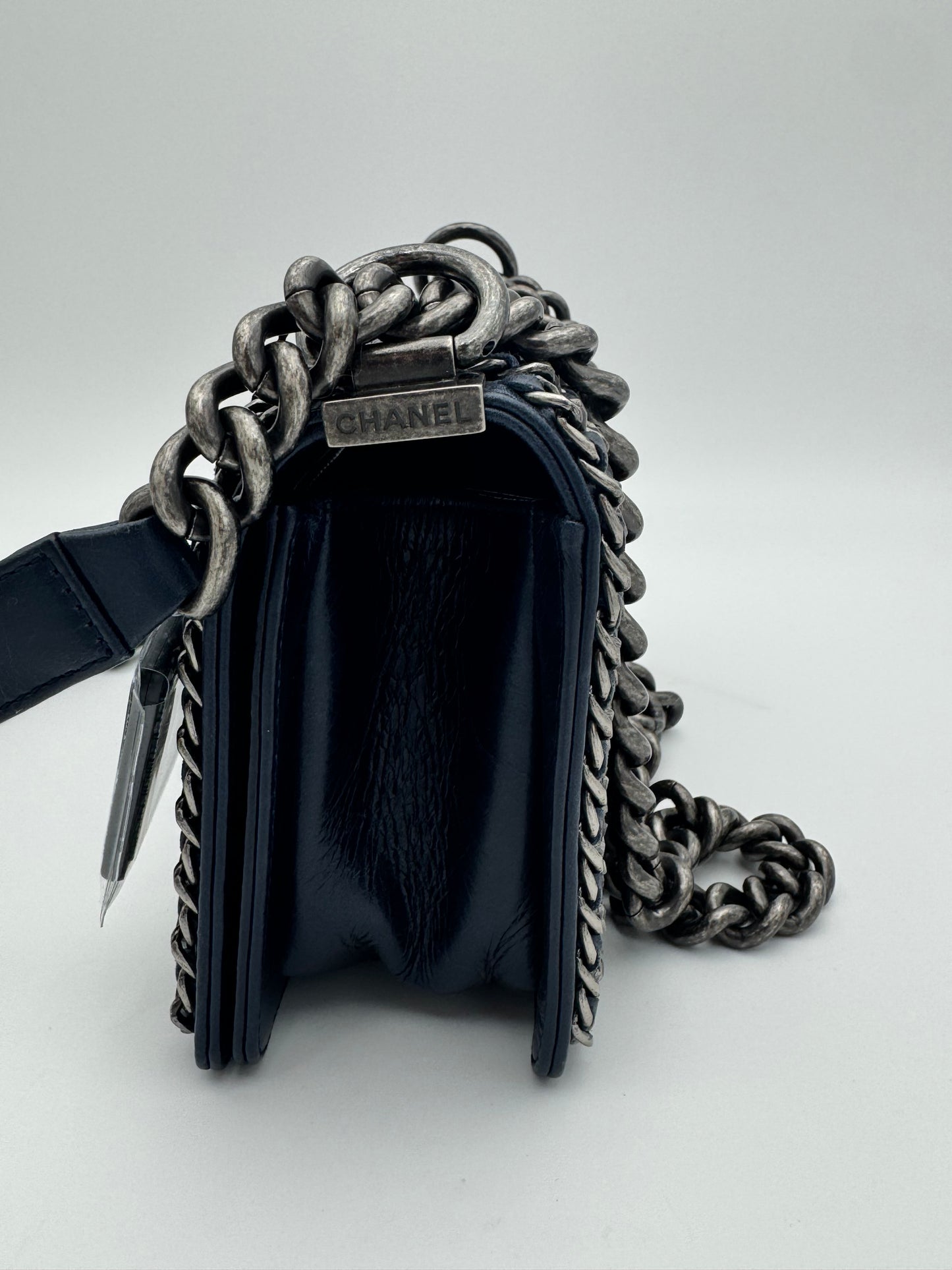 Pristine Chanel 15S Navy Aged Glazed Calfskin Small Chain Around Boy Flap Bag — Ruthenium HW