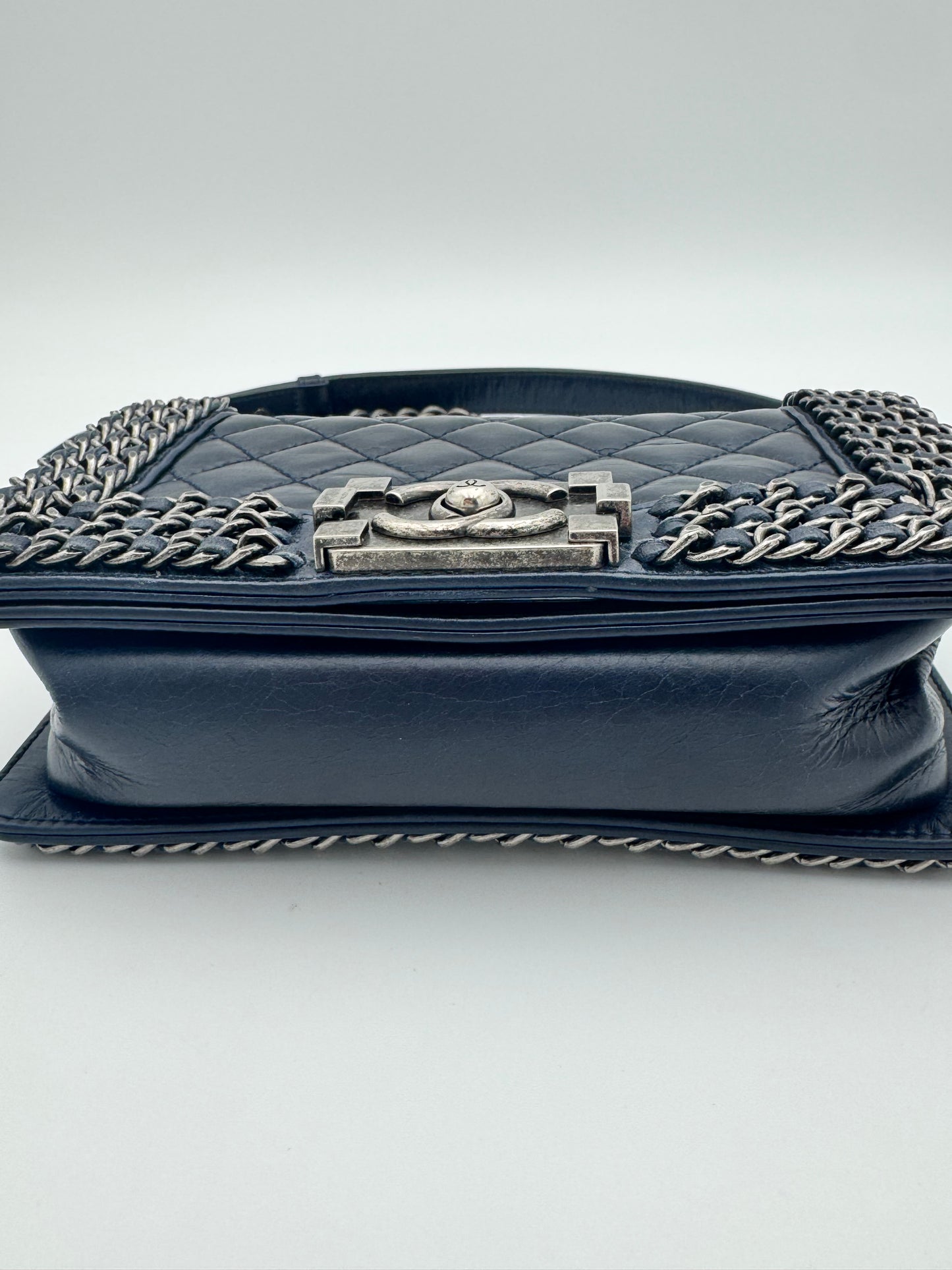 Pristine Chanel 15S Navy Aged Glazed Calfskin Small Chain Around Boy Flap Bag — Ruthenium HW