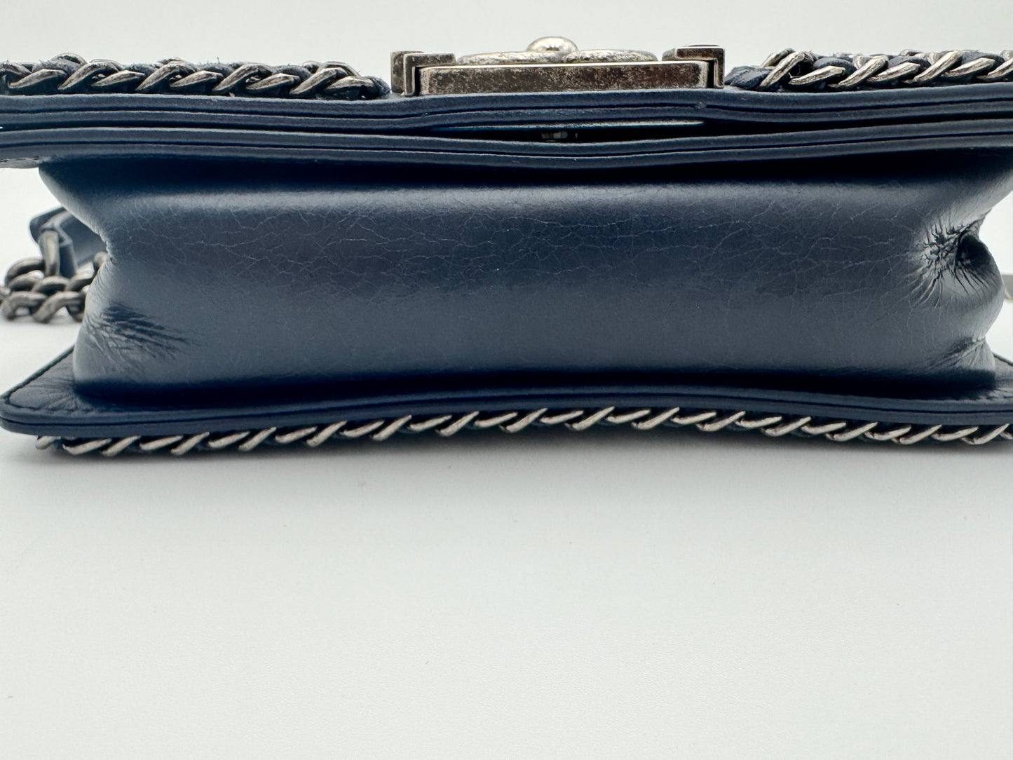 Pristine Chanel 15S Navy Aged Glazed Calfskin Small Chain Around Boy Flap Bag — Ruthenium HW