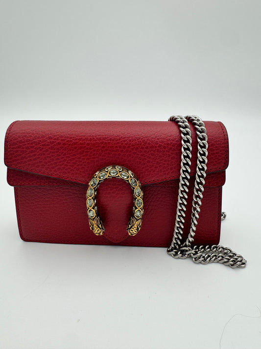 Gucci Mini Dionysus Chain Wallet | Red Pebbled Leather | SHW | Authenticated