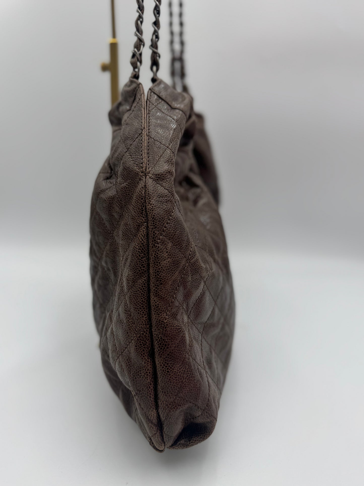 Chanel Brown Quilted Glazed Caviar Leather Elastic CC Shoulder Bag