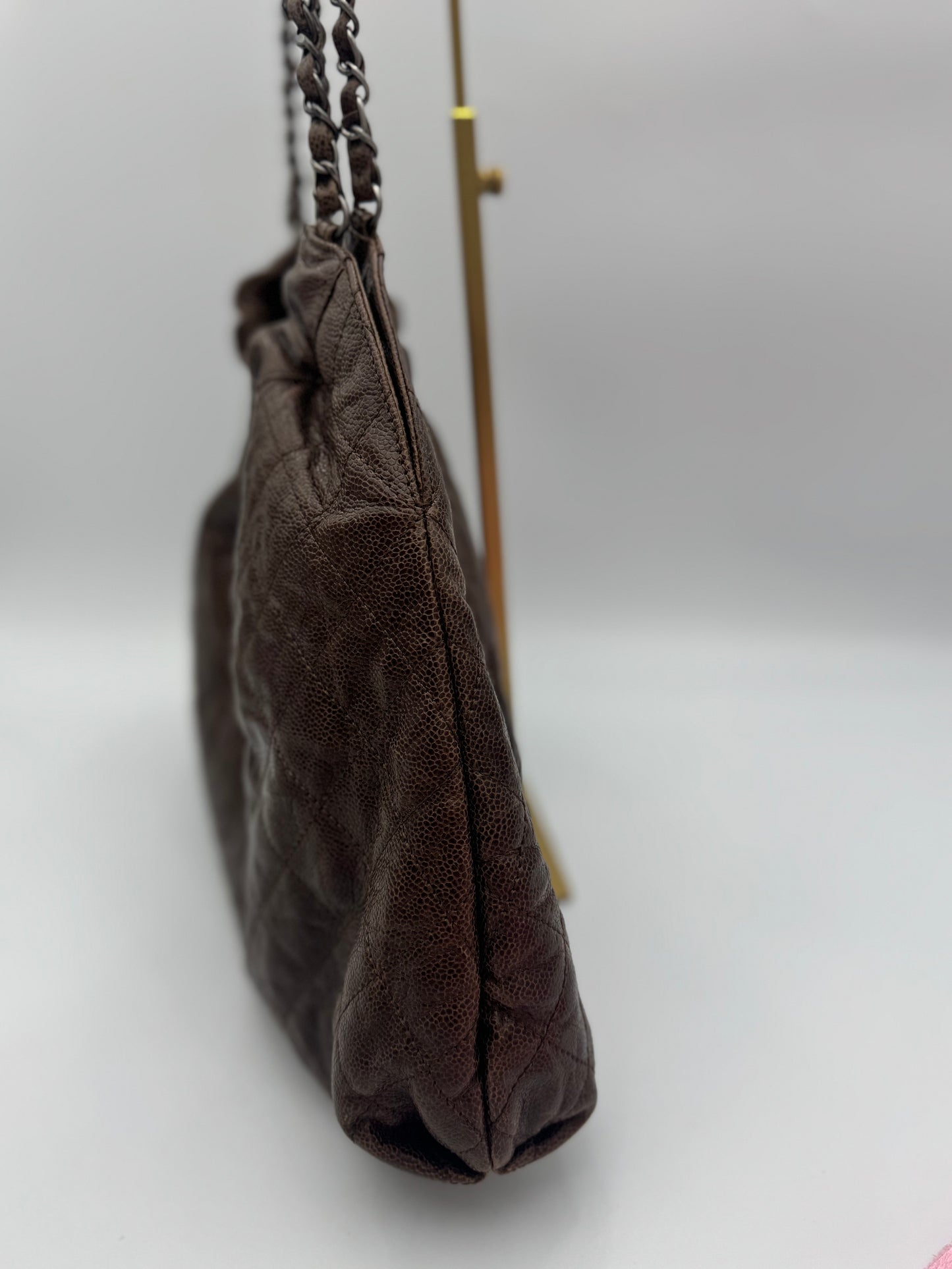 Chanel Brown Quilted Glazed Caviar Leather Elastic CC Shoulder Bag