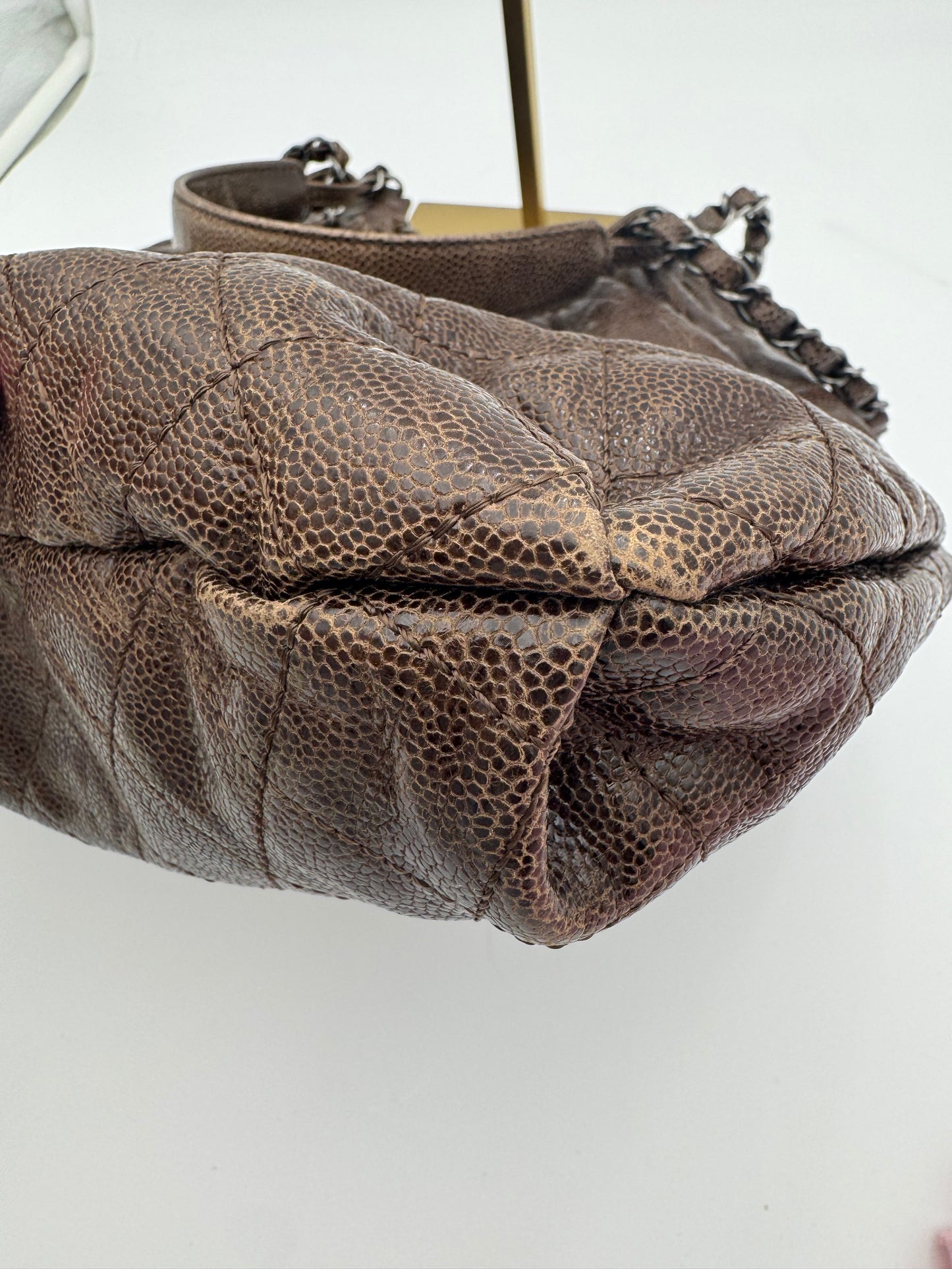 Chanel Brown Quilted Glazed Caviar Leather Elastic CC Shoulder Bag