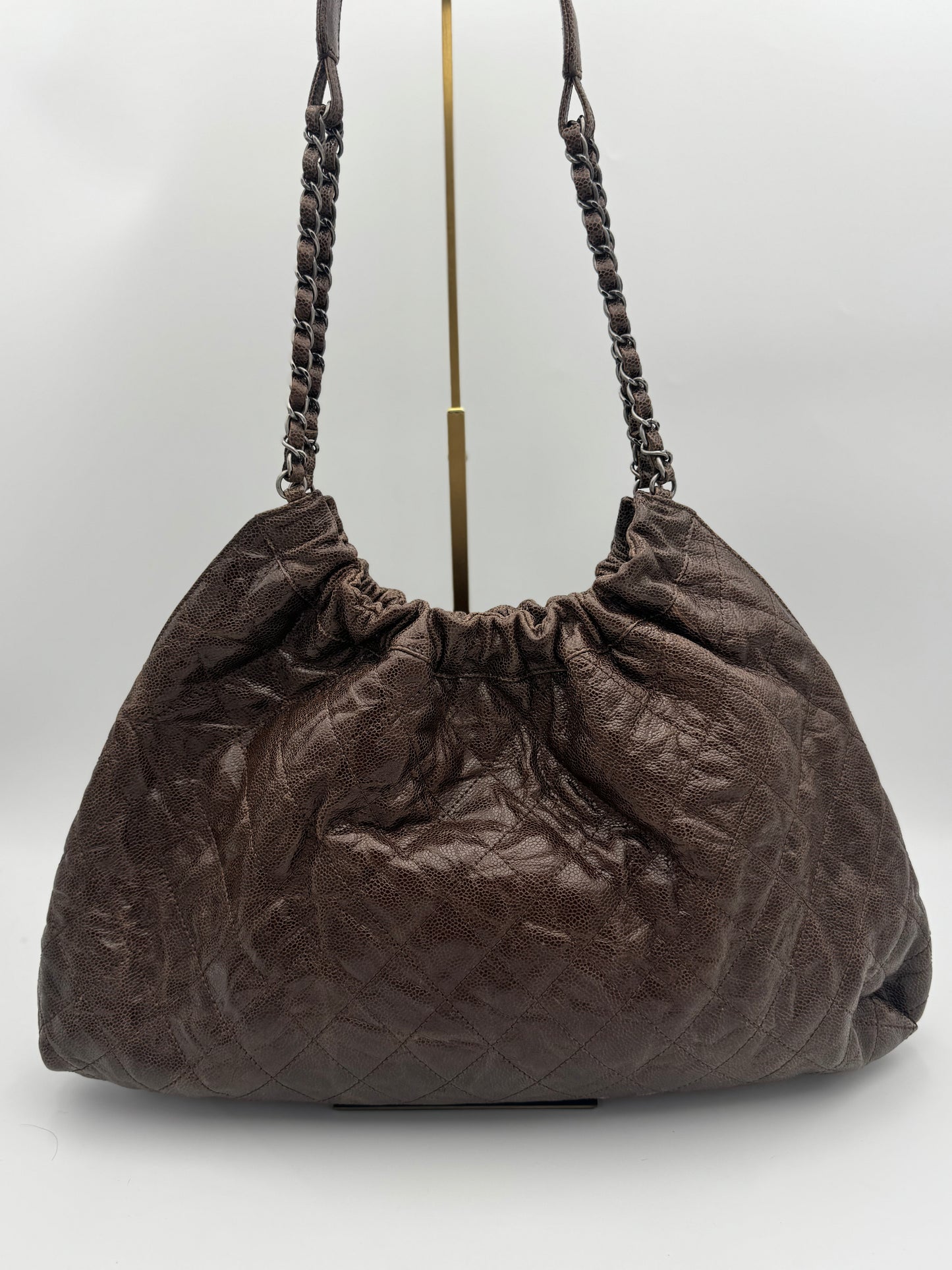 Chanel Brown Quilted Glazed Caviar Leather Elastic CC Shoulder Bag