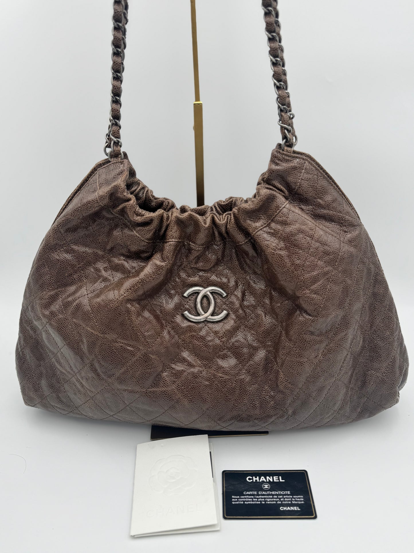 Chanel Brown Quilted Glazed Caviar Leather Elastic CC Shoulder Bag