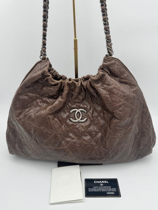 Chanel Brown Quilted Glazed Caviar Leather Elastic CC Shoulder Bag