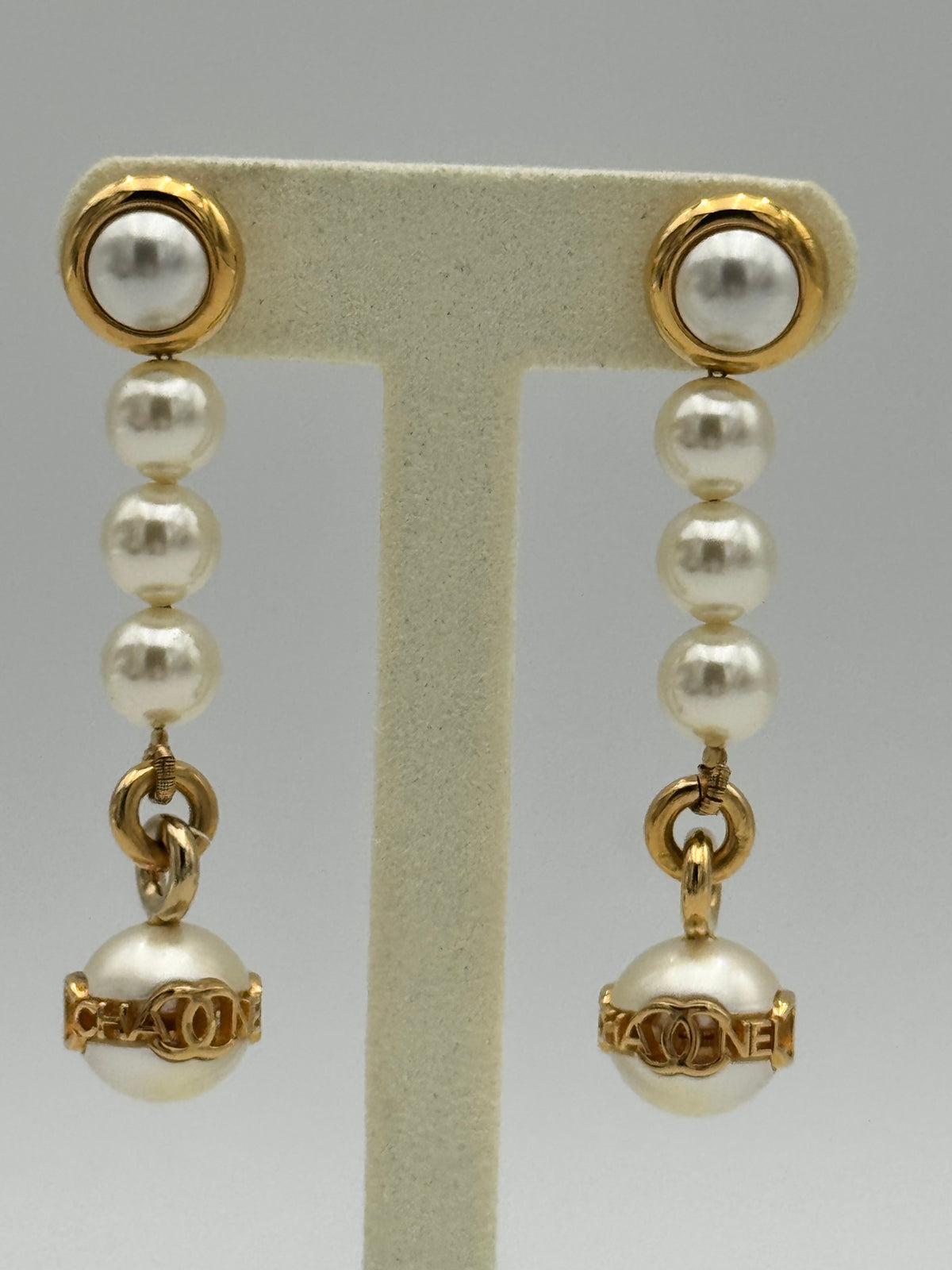 CHANEL Pearl Drop Statement Earrings – Gold Tone