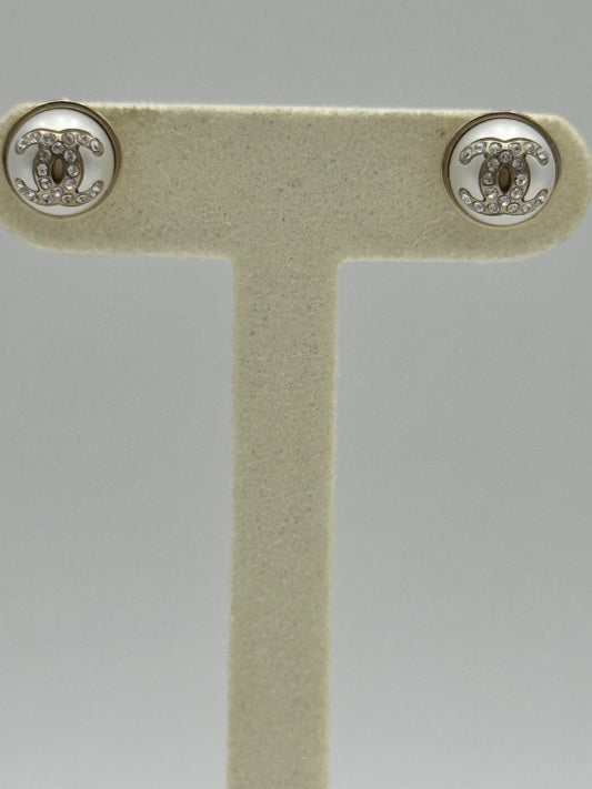 CHANEL White Pearl CC Crystal Button Earrings Pierced