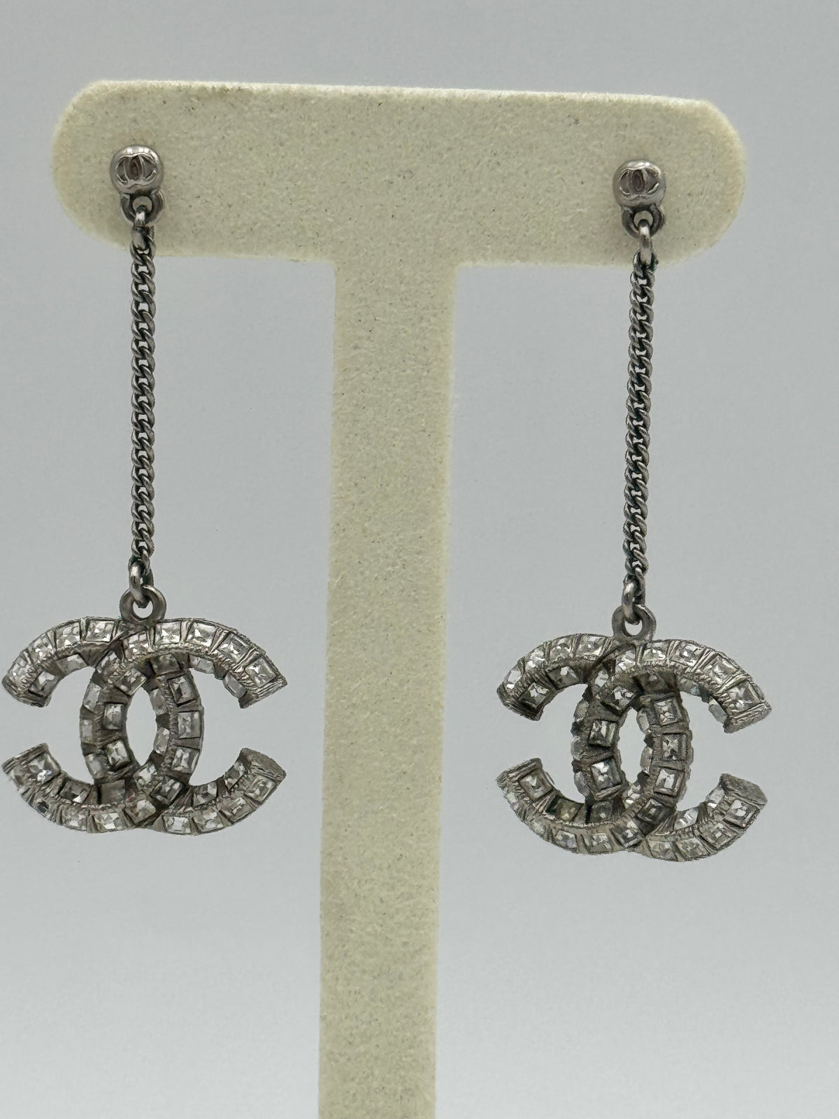 Chanel Crystal Baguette CC Chain Drop Earrings – Silver Tone
