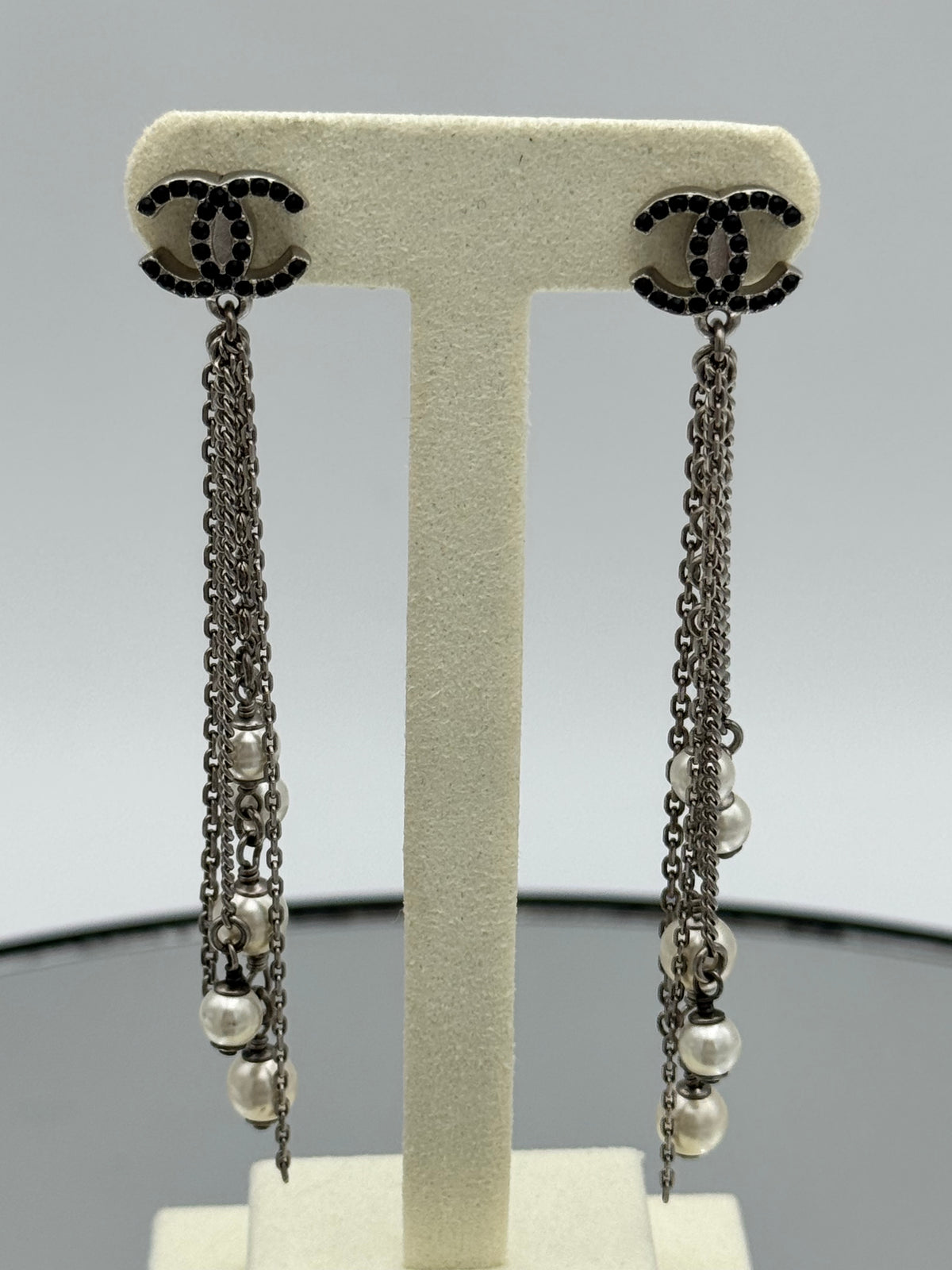 Chanel CC Strass Cascade Pearl Chain Tassel Drop Earrings – Excellent w/ Box