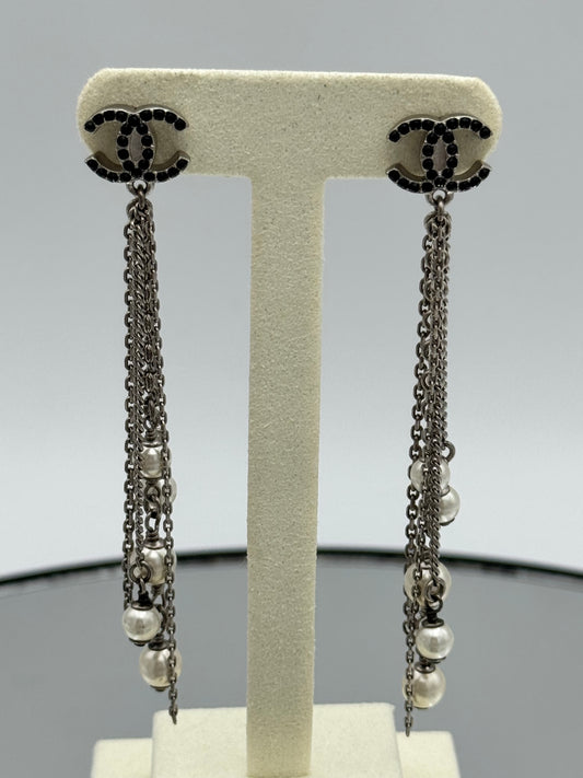Chanel CC Strass Cascade Pearl Chain Tassel Drop Earrings – Excellent w/ Box