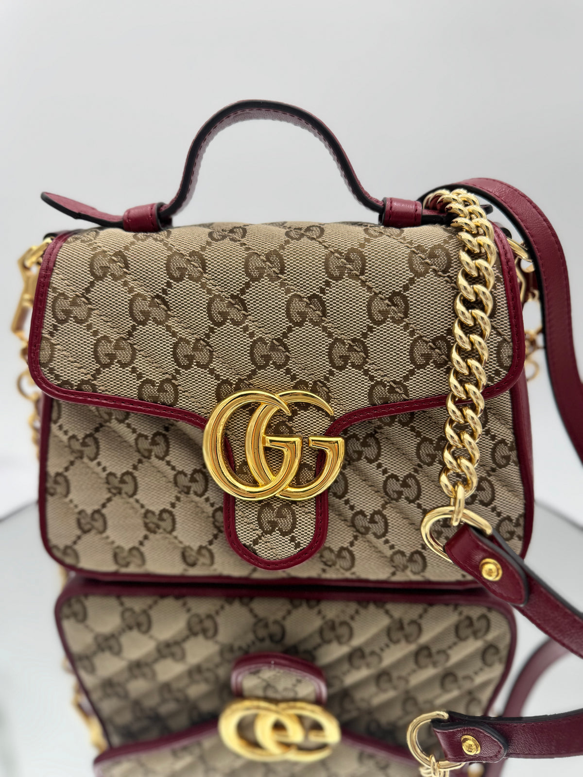Gucci GG Marmont Mini Top Handle Bag – Beige/Ebony GG Canvas & Burgundy Red