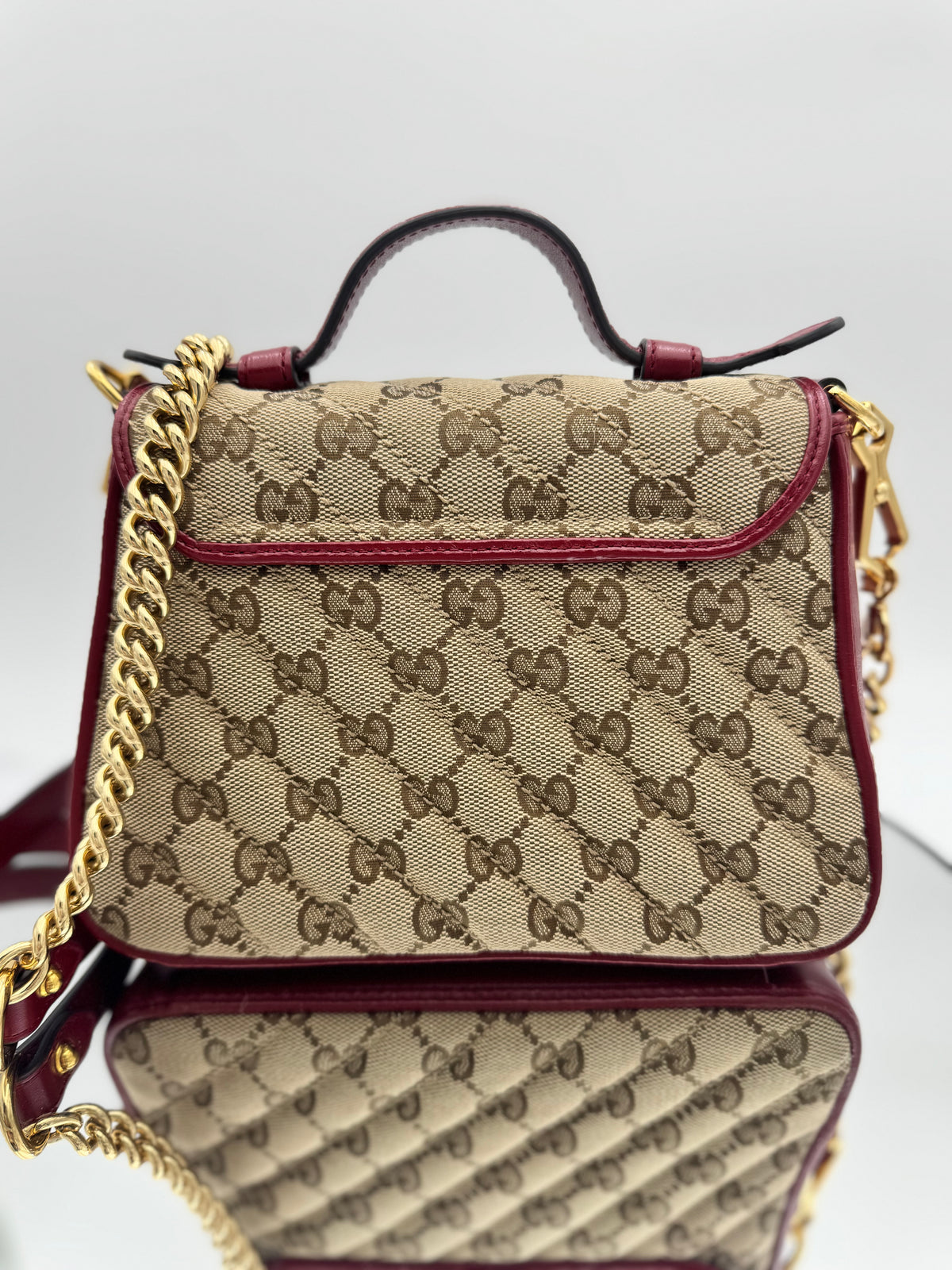 Gucci GG Marmont Mini Top Handle Bag – Beige/Ebony GG Canvas & Burgundy Red