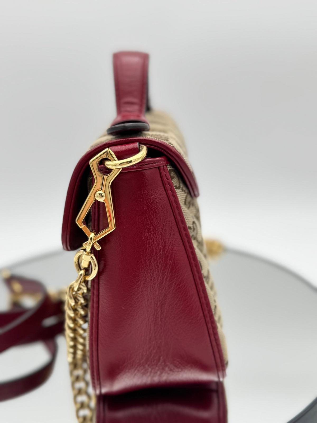 Gucci GG Marmont Mini Top Handle Bag – Beige/Ebony GG Canvas & Burgundy Red