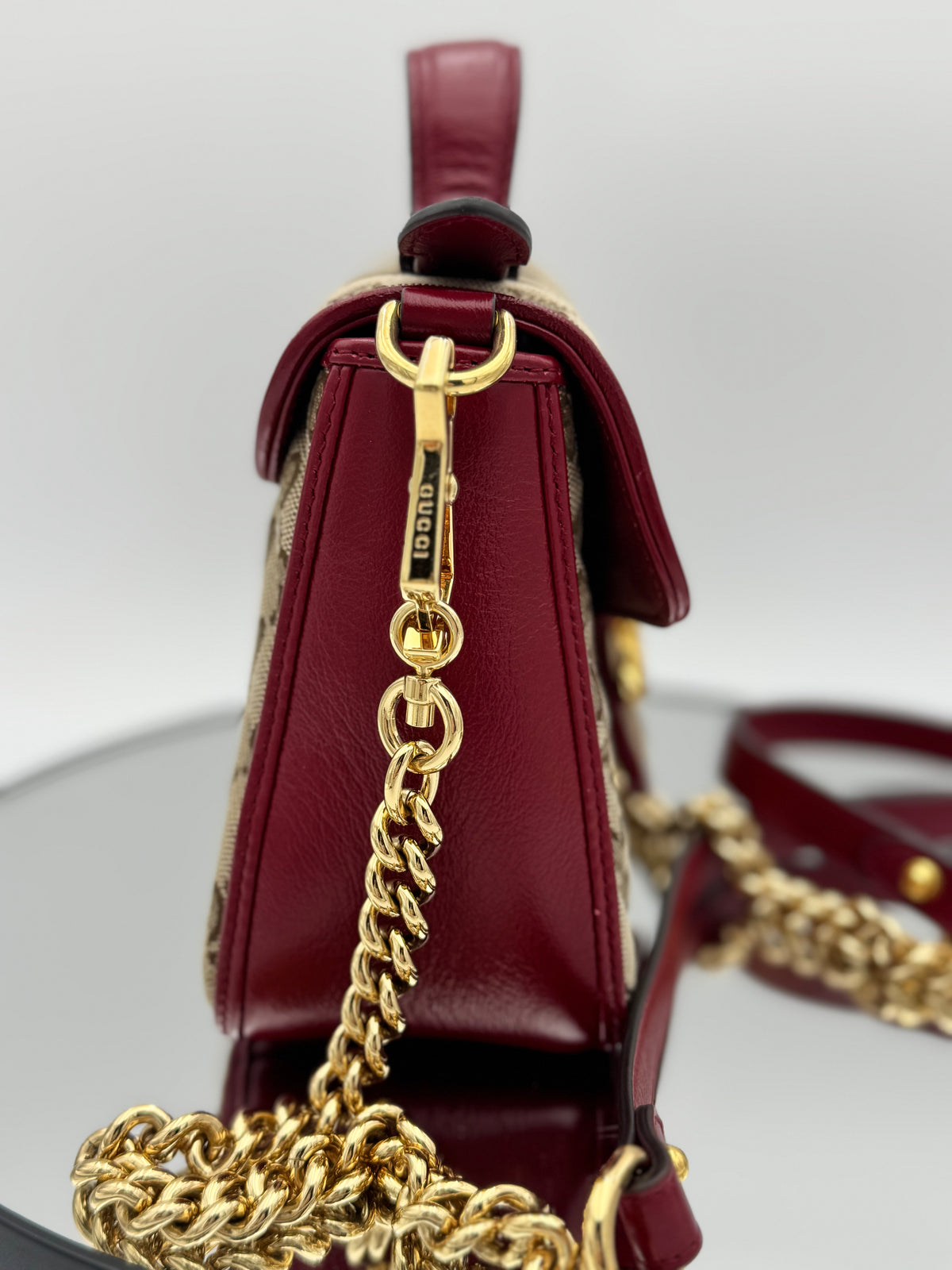 Gucci GG Marmont Mini Top Handle Bag – Beige/Ebony GG Canvas & Burgundy Red