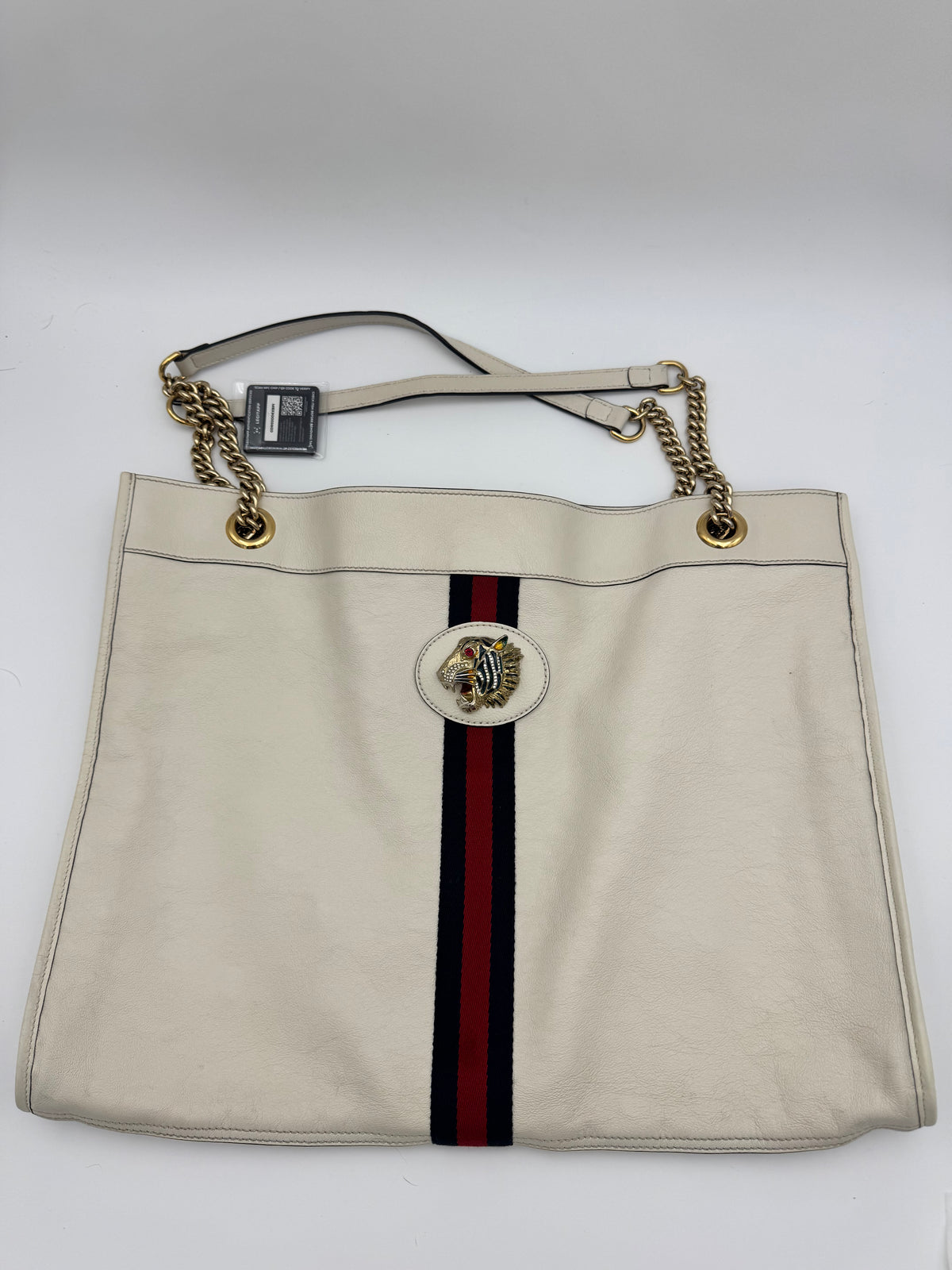 Gucci Large Rajah Chain Tote – Ivory Leather with Tiger Head & Web Stripe