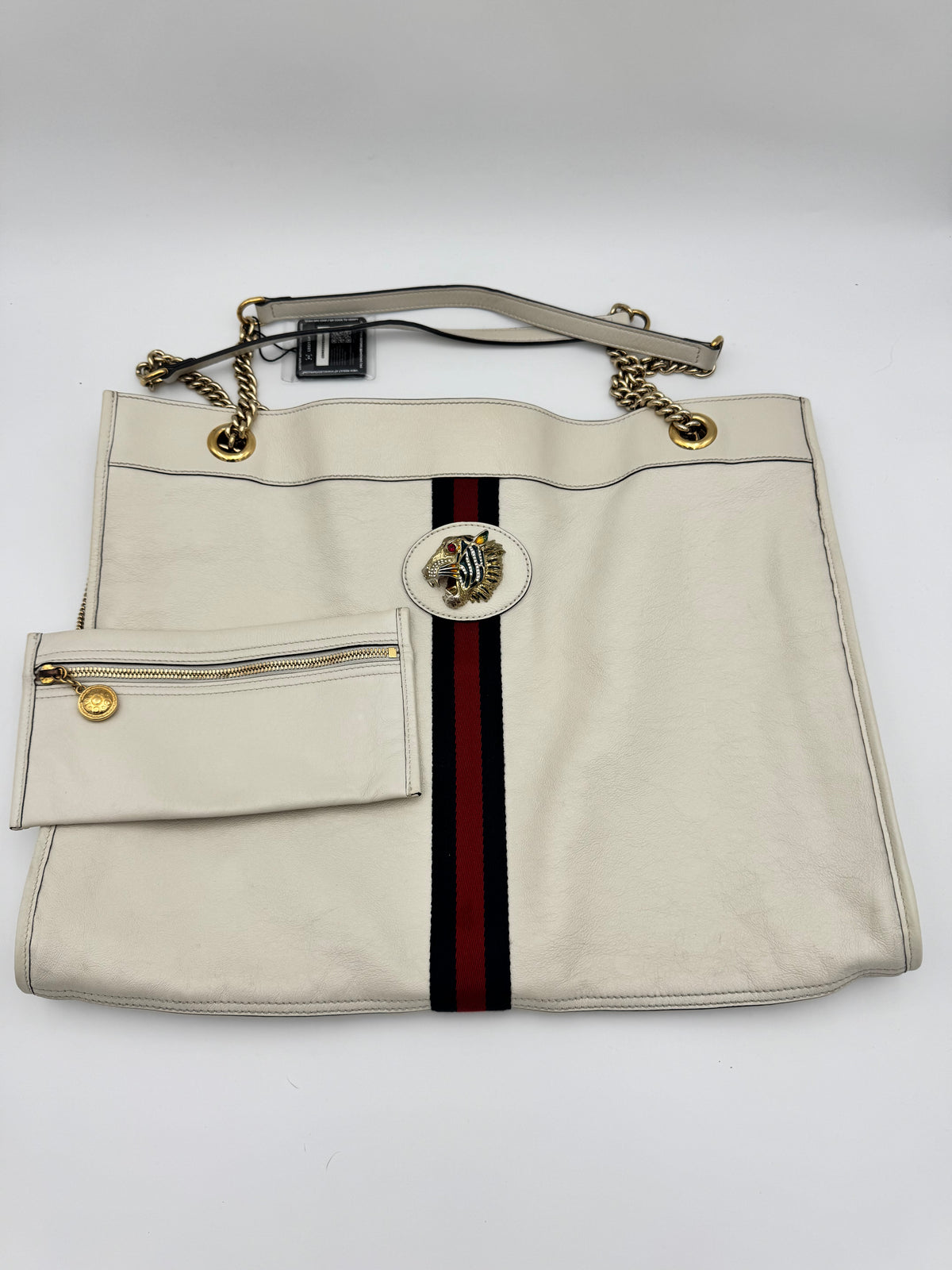 Gucci Large Rajah Chain Tote – Ivory Leather with Tiger Head & Web Stripe