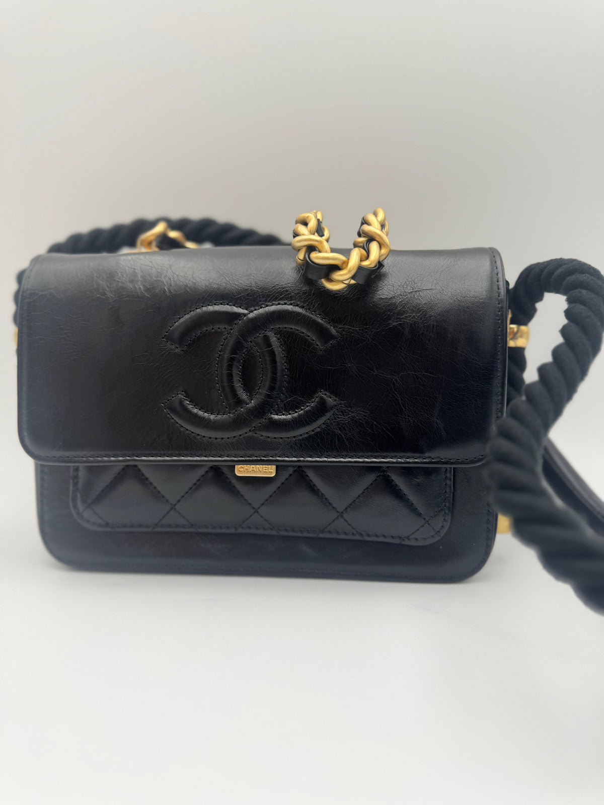 Chanel Limited Edition En Vogue Rope Flap Bag Black Crinkled Calfskin ~Very Good Condition