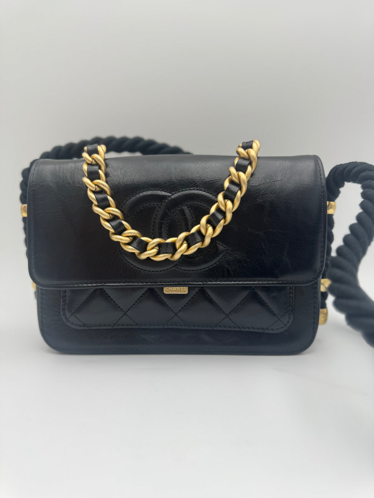 Chanel Limited Edition En Vogue Rope Flap Bag Black Crinkled Calfskin ~Very Good Condition