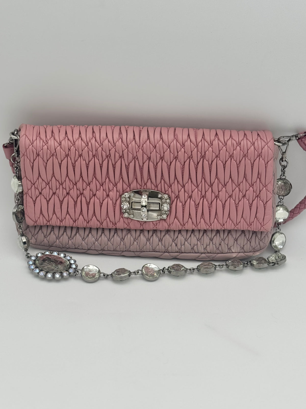 Miu Miu Bi-Color Matelassé Crystal Flap Bag Pink/Pomice – Excellent Condition