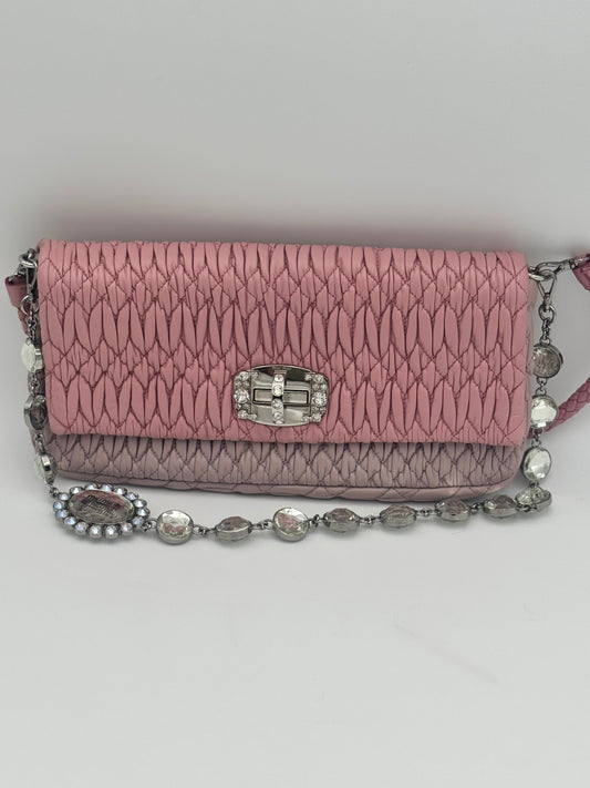 Miu Miu Bi-Color Matelassé Crystal Flap Bag Pink/Pomice – Excellent Condition