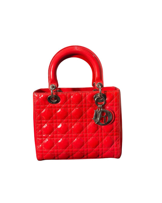Christian Dior Red Cannage Patent Leather Medium Lady Dior - Silver Hardware